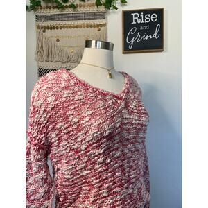 Free People Womans Stretchy Red & Cream V Neck Knit Sweater Top M